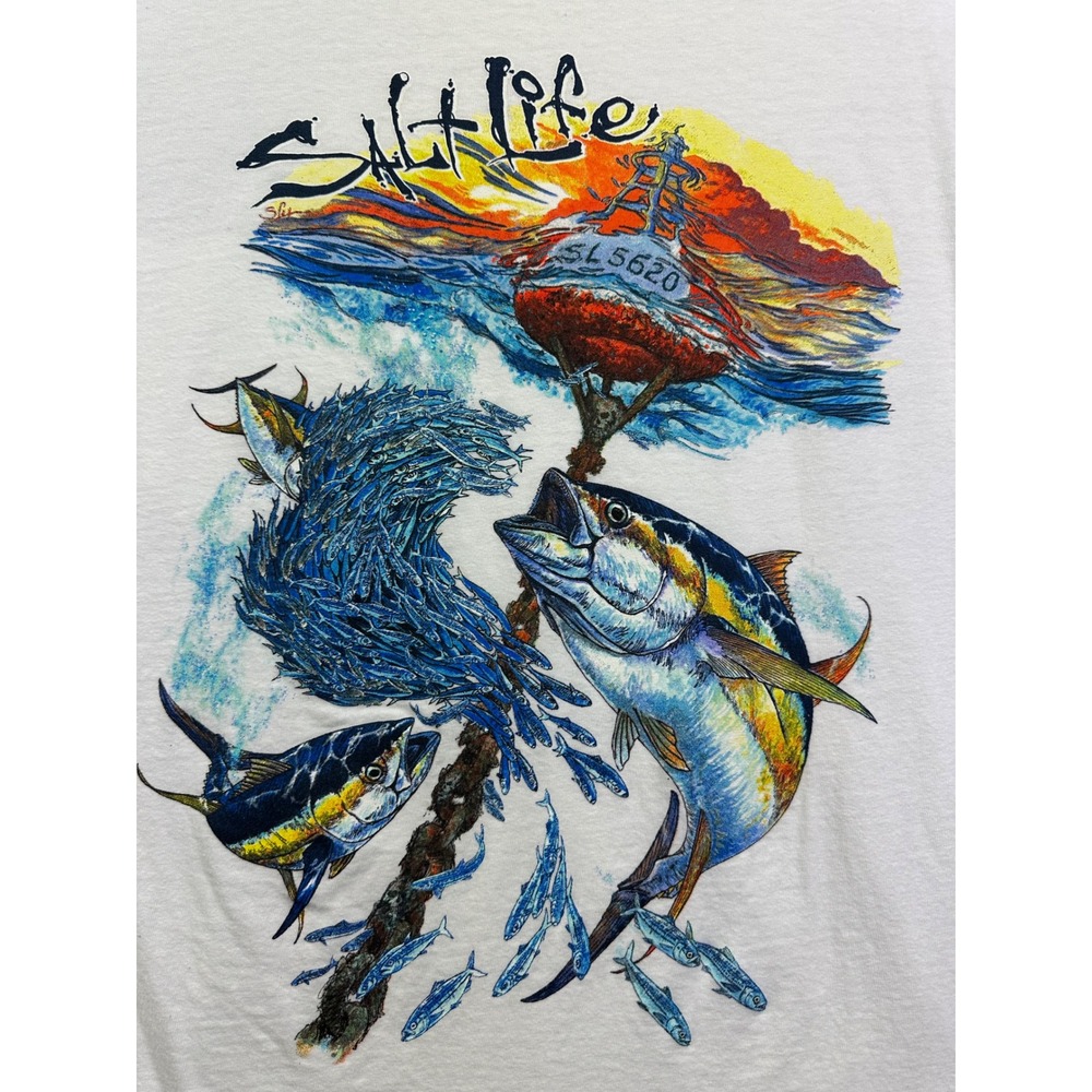Saltā Life Men's White Tuna Fishing Boat Graphic Pocket T-Shirt Size Large